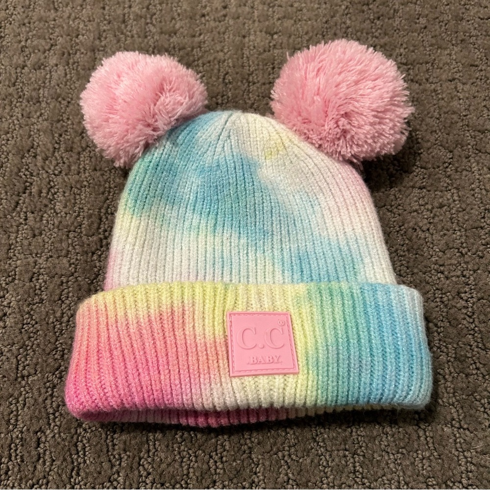 Super Cute Infant Rainbow Tie Dye Double Pom Pom beanie. Never worn!